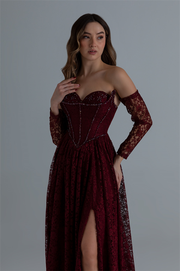 Dantelli Uzun Abiye - BORDO