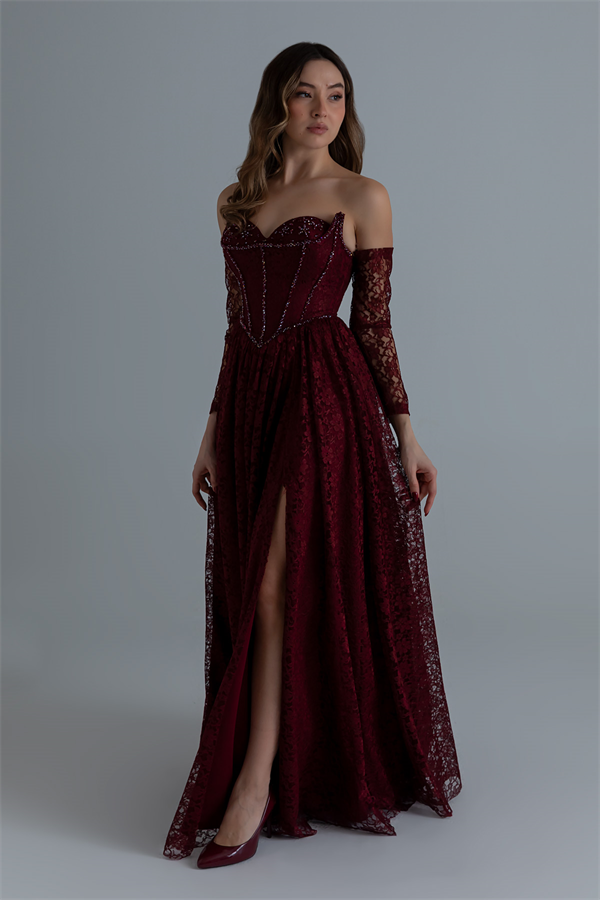 Dantelli Uzun Abiye - BORDO