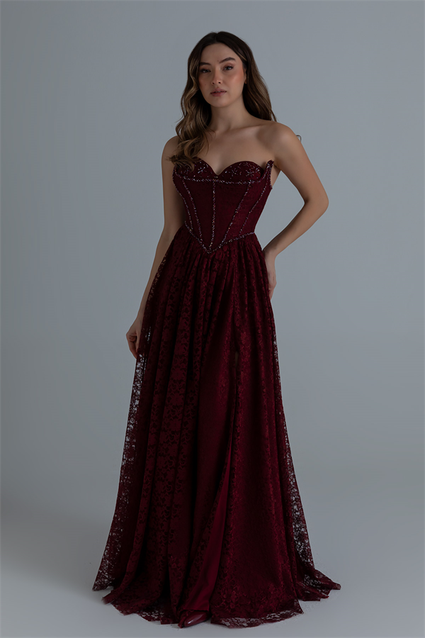 Dantelli Uzun Abiye - BORDO