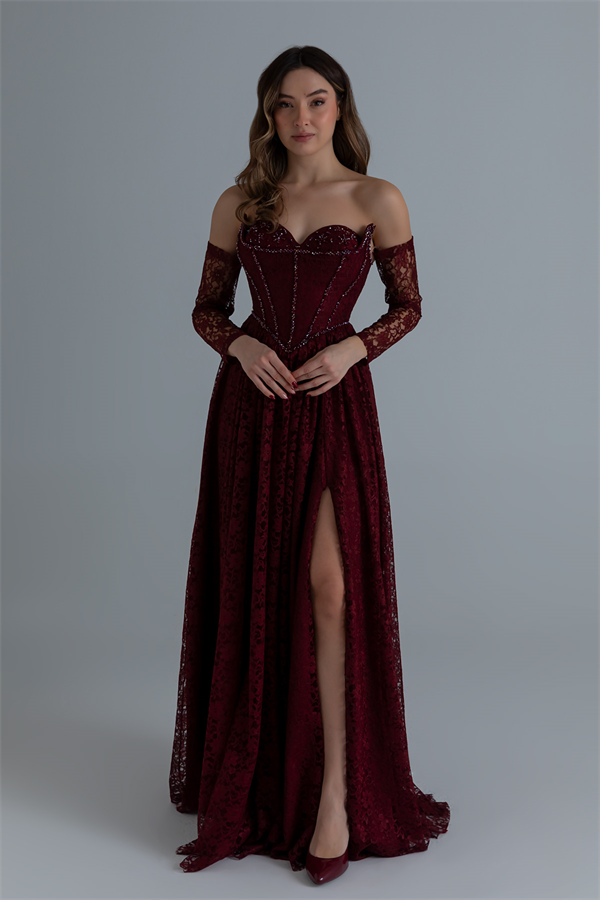 Dantelli Uzun Abiye - BORDO