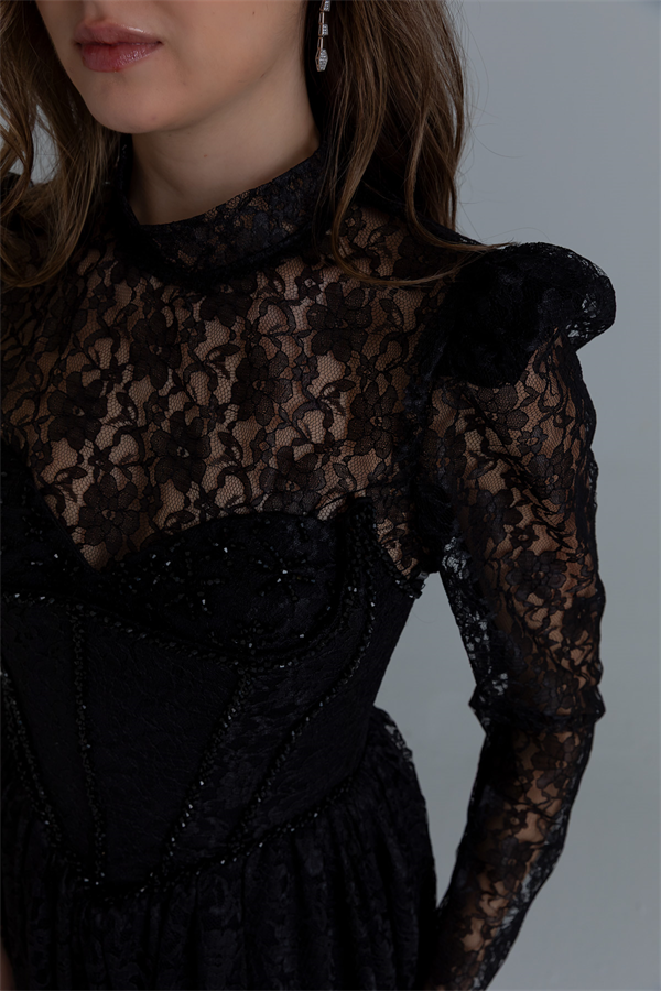 Dantelli Uzun Abiye - SİYAH