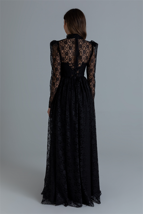 Dantelli Uzun Abiye - SİYAH