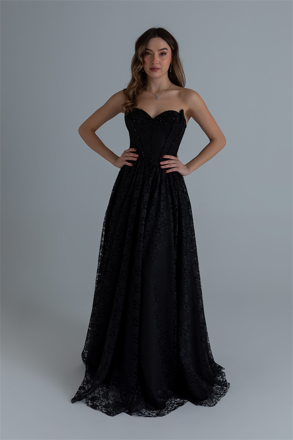 Dantelli Uzun Abiye - SİYAH