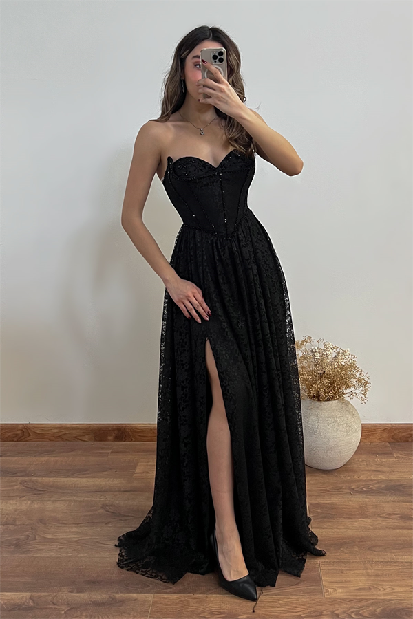 Dantelli Uzun Abiye - SİYAH