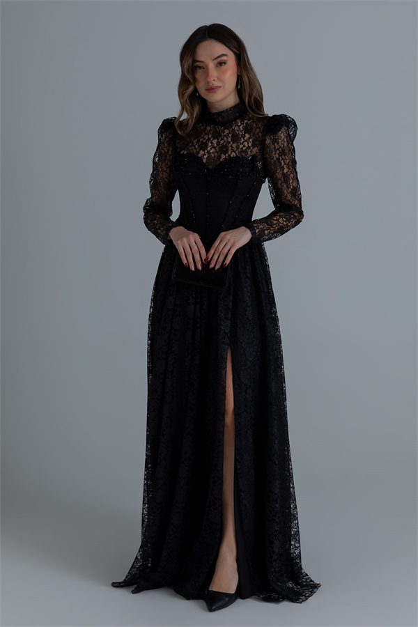 Dantelli Uzun Abiye - SİYAH