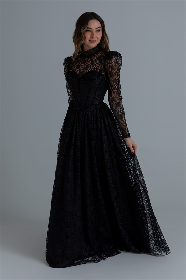 Dantelli Uzun Abiye - SİYAH