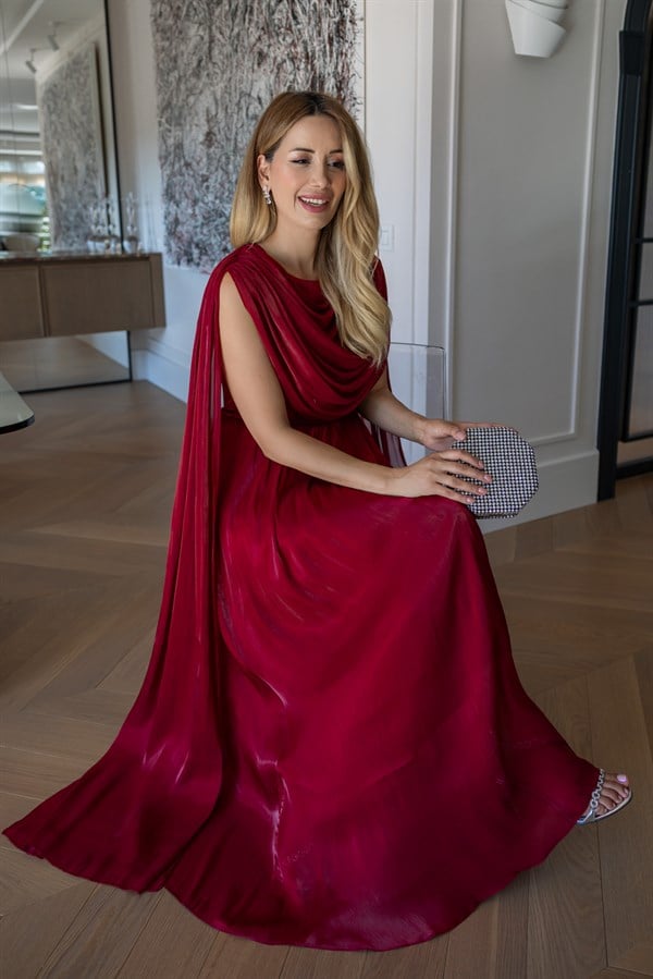 Degaje Yaka Drapeli Abiye - BORDO