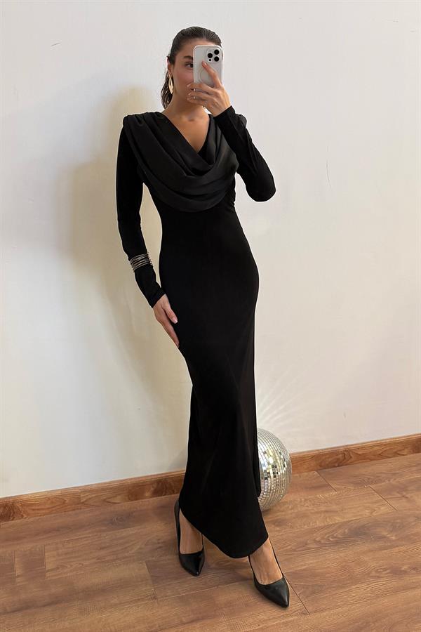 Degaje Yaka Maxi Elbise - SİYAH