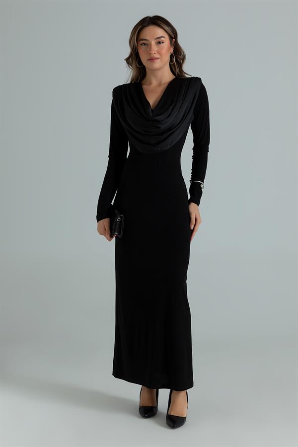 Degaje Yaka Maxi Elbise - SİYAH