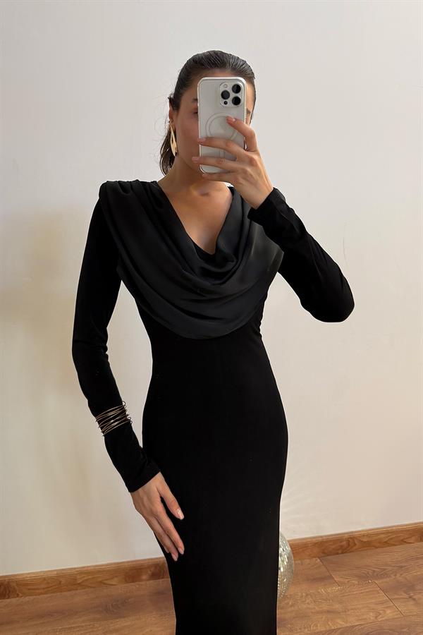 Degaje Yaka Maxi Elbise - SİYAH