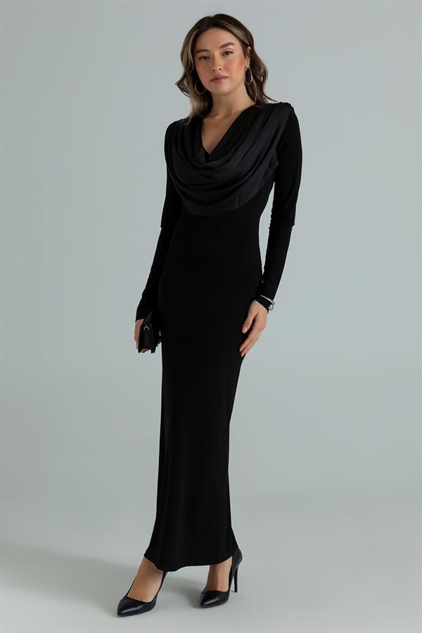 Degaje Yaka Maxi Elbise - SİYAH