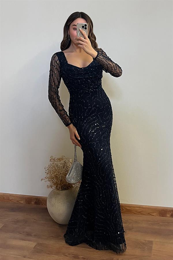 Degaje Yaka Payetli Abiye - LACİVERT