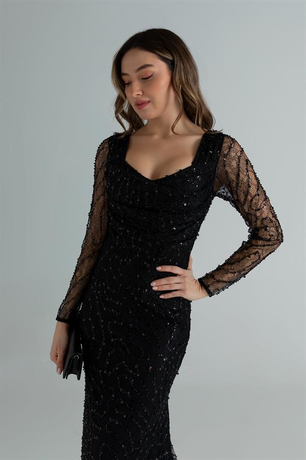 Degaje Yaka Payetli Abiye - SİYAH