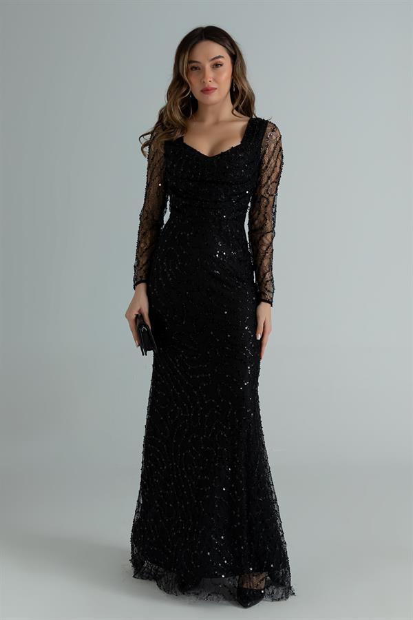 Degaje Yaka Payetli Abiye - SİYAH