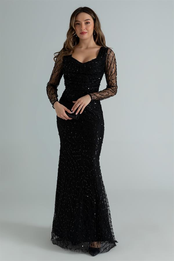 Degaje Yaka Payetli Abiye - SİYAH