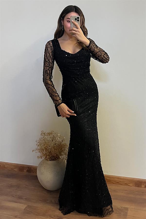 Degaje Yaka Payetli Abiye - SİYAH