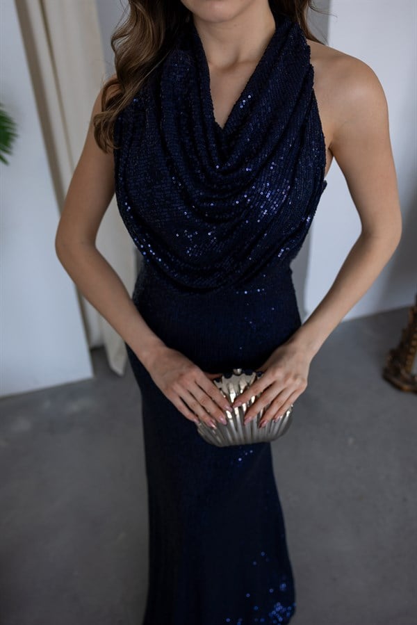 Degaje Yaka Pul Payetli Abiye - LACİVERT