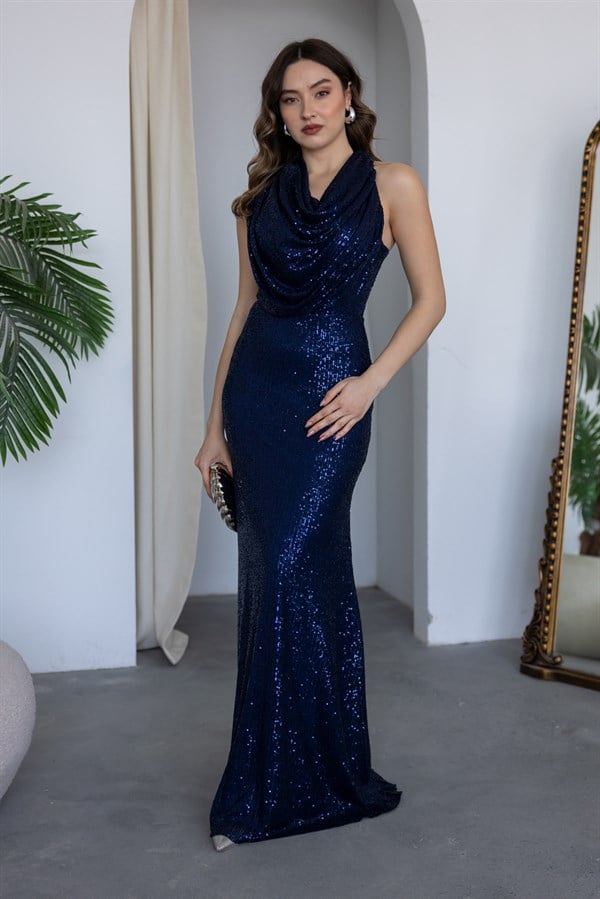 Degaje Yaka Pul Payetli Abiye - LACİVERT