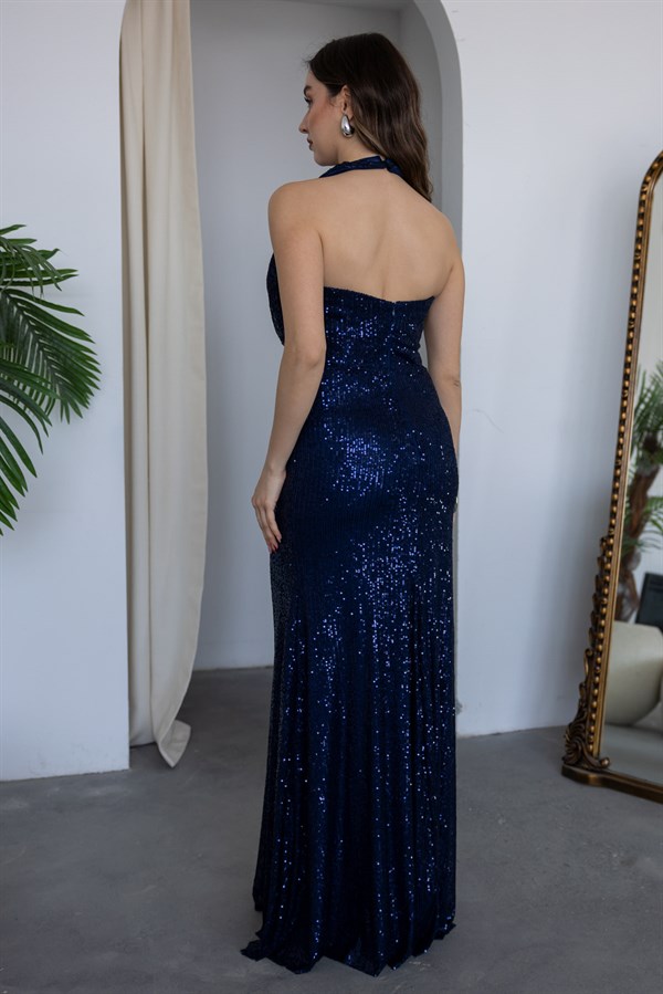 Degaje Yaka Pul Payetli Abiye - LACİVERT