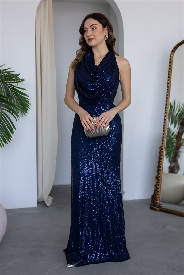 Degaje Yaka Pul Payetli Abiye - LACİVERT