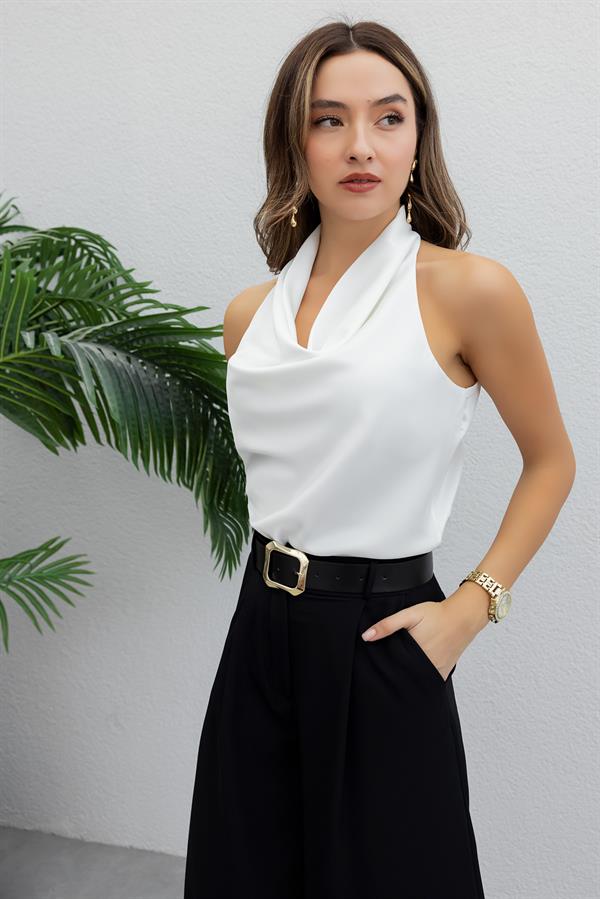 Degaje Yaka Saten Bluz - BEYAZ
