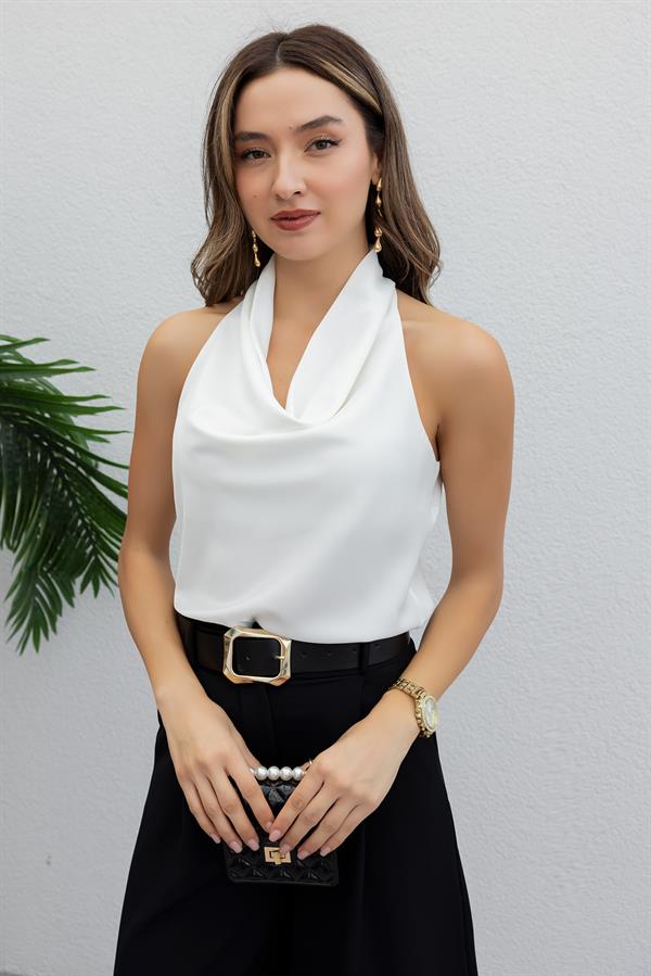 Degaje Yaka Saten Bluz - BEYAZ
