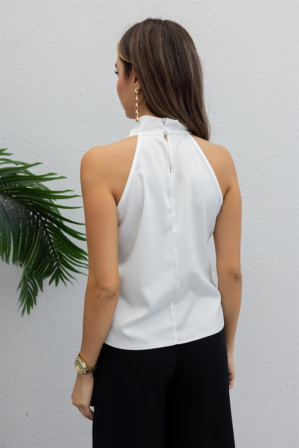 Degaje Yaka Saten Bluz - BEYAZ