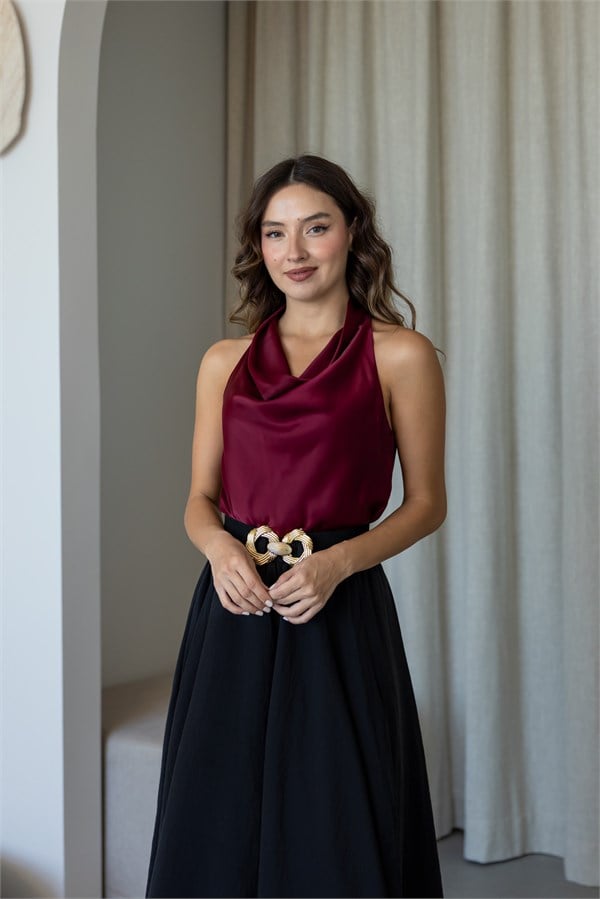Degaje Yaka Saten Bluz - BORDO