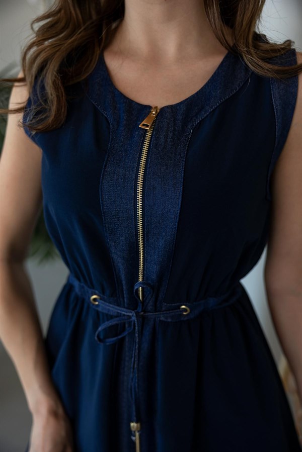 Denim Detaylı Elbise - LACİVERT