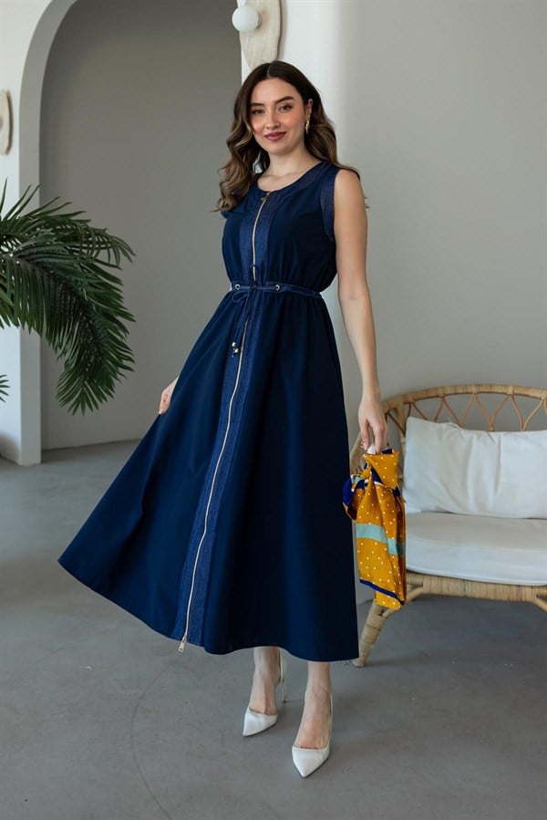 Denim Detaylı Elbise - LACİVERT