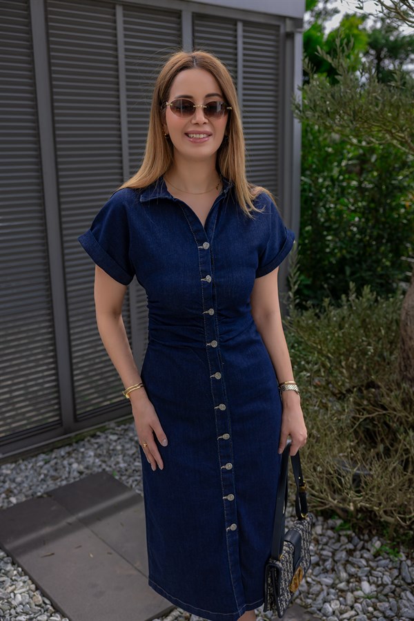 Denim Düğme Kapamalı Elbise - LACİVERT