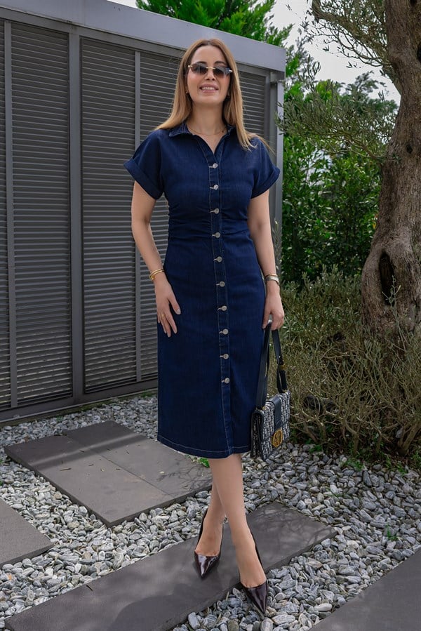 Denim Düğme Kapamalı Elbise - LACİVERT