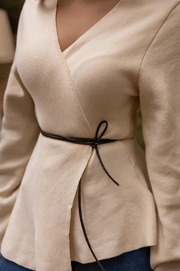 Deri Kuşaklı Hırka - EKRU