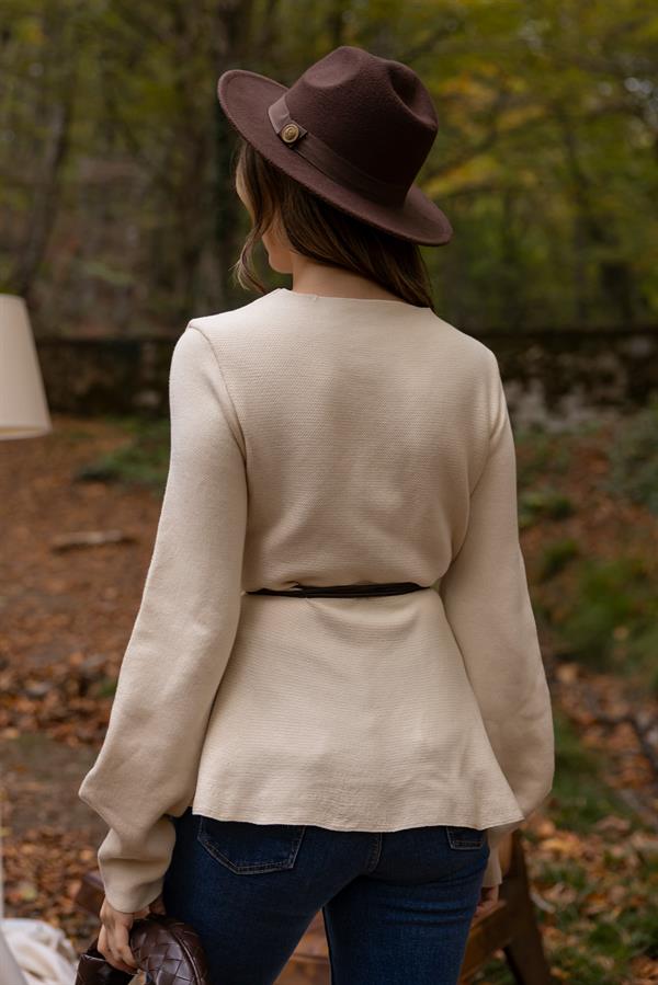 Deri Kuşaklı Hırka - EKRU