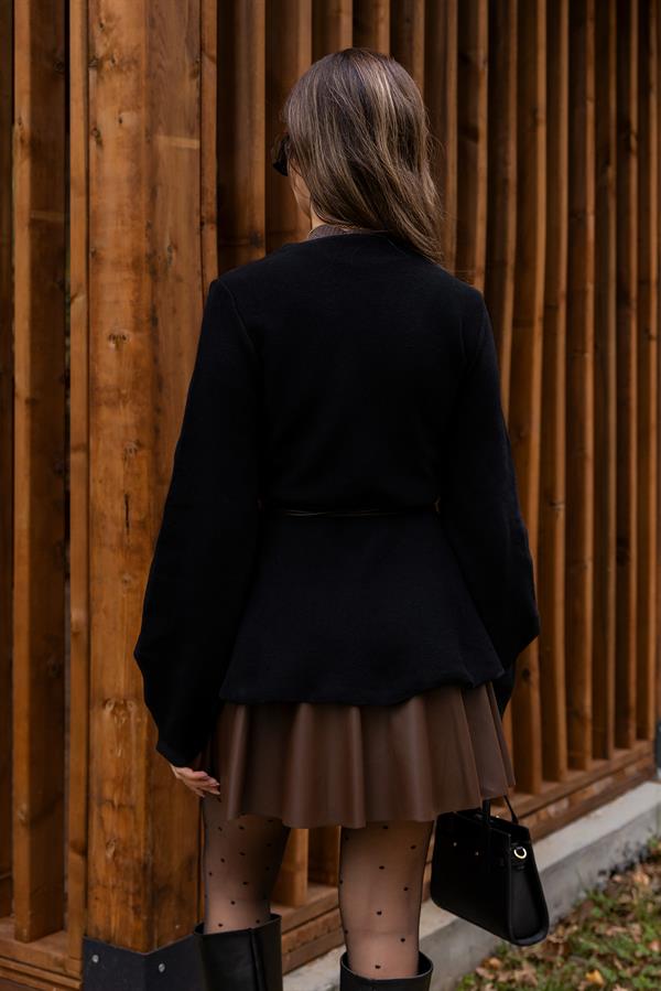 Deri Kuşaklı Hırka - SİYAH