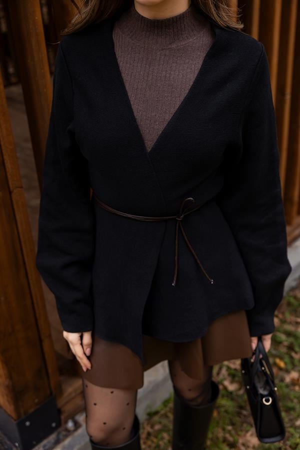 Deri Kuşaklı Hırka - SİYAH