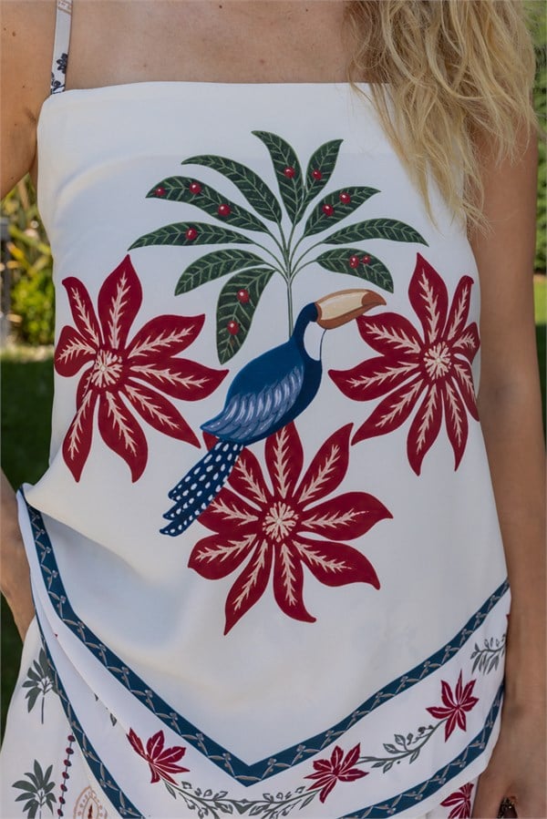 Desenli Bluz Pantolon Takım - KREM