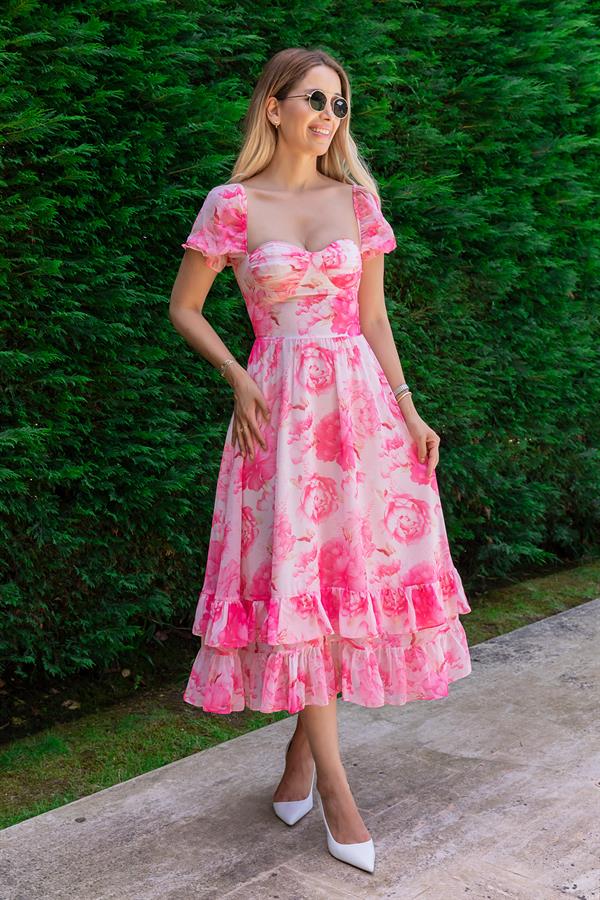 Desenli Fırfırlı Midi Elbise - PEMBE