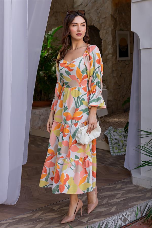 Desenli Keten Midi Elbise - TAŞ