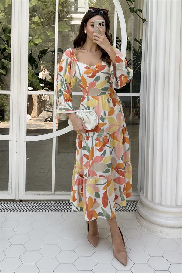 Desenli Keten Midi Elbise - TAŞ