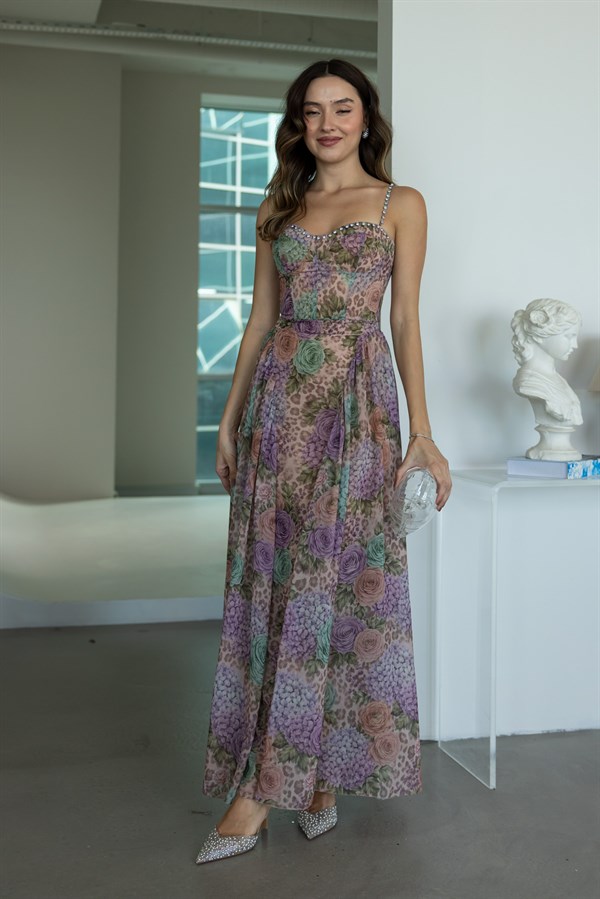 Desenli Maxi Elbise - LİLA