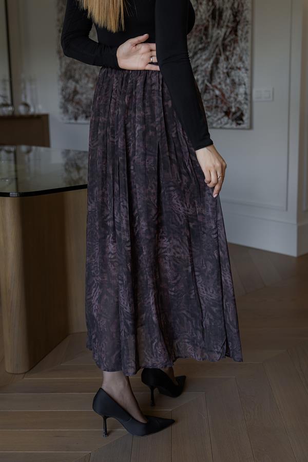 Desenli Şifon Etek - KAHVERENGİ