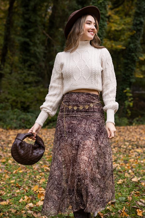 Desenli Şifon Etek - KAHVERENGİ