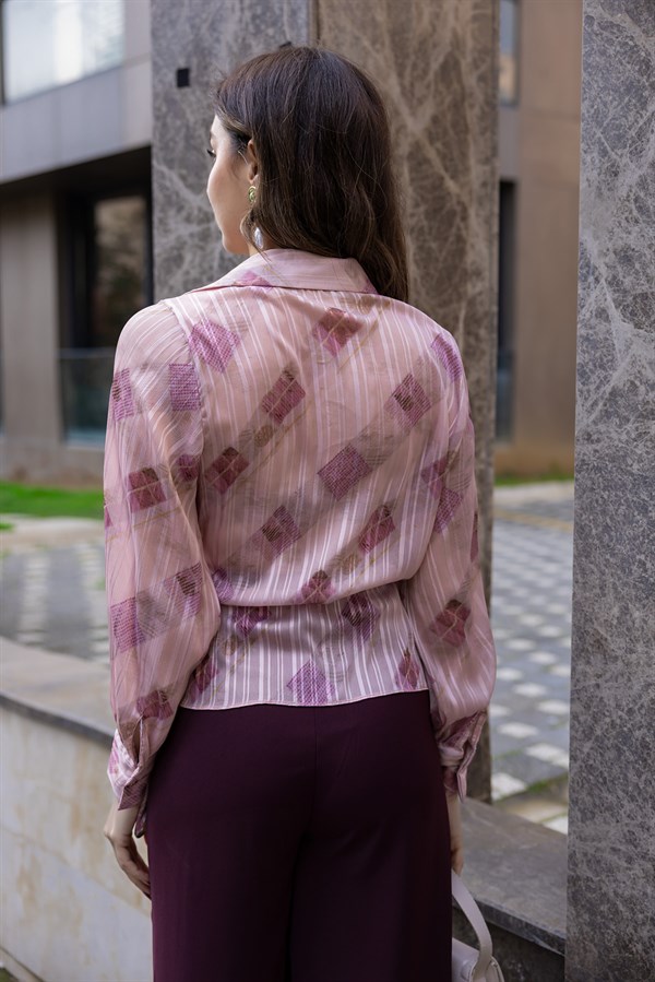 Desenli Sim Geçişli Şifon Bluz - PUDRA