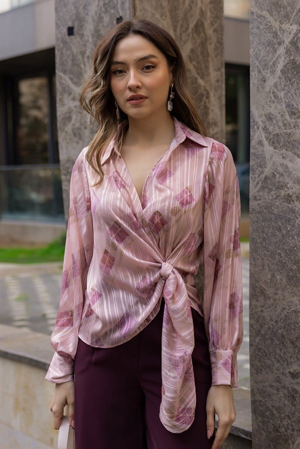 Desenli Sim Geçişli Şifon Bluz - PUDRA