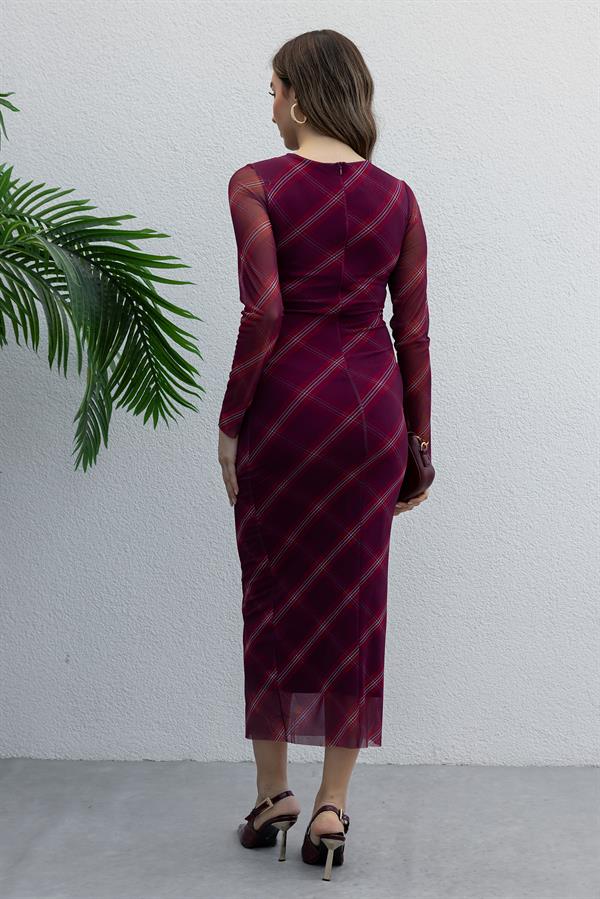 Desenli Tül Elbise - BORDO