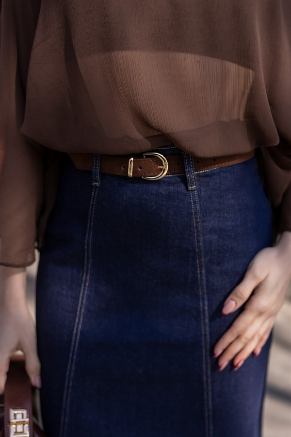 Dikiş Detaylı Kemerli Denim Etek - LACİVERT