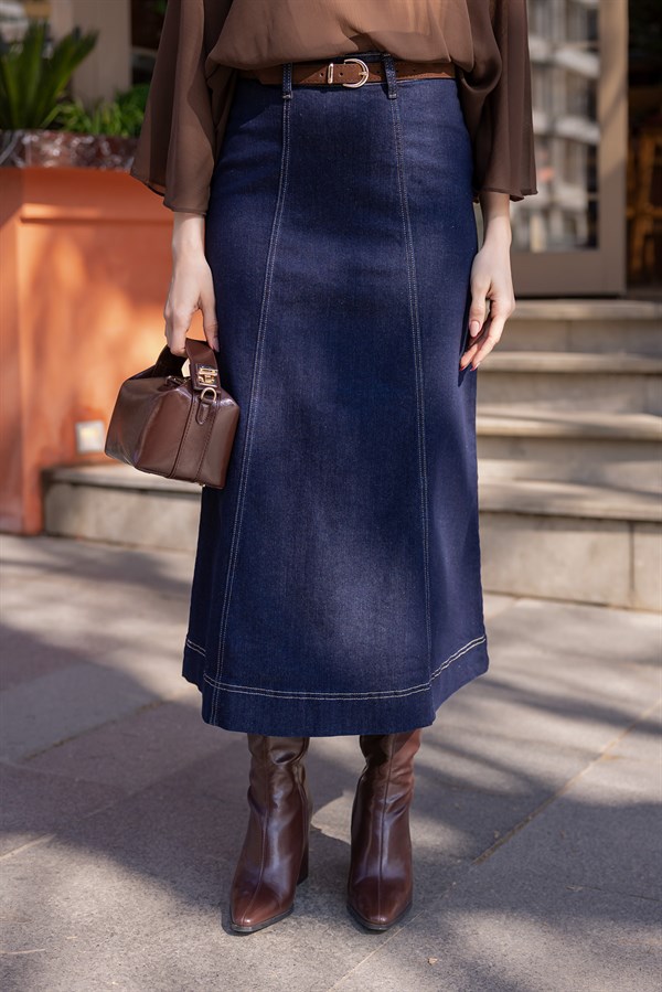 Dikiş Detaylı Kemerli Denim Etek - LACİVERT