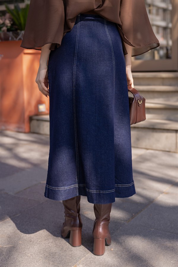 Dikiş Detaylı Kemerli Denim Etek - LACİVERT