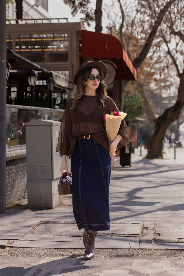 Dikiş Detaylı Kemerli Denim Etek - LACİVERT